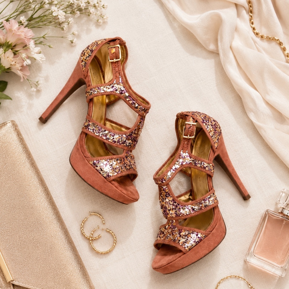 Jessica Simpson Bruno platform sandals in a rose gold sequin - Picture 1 of 9